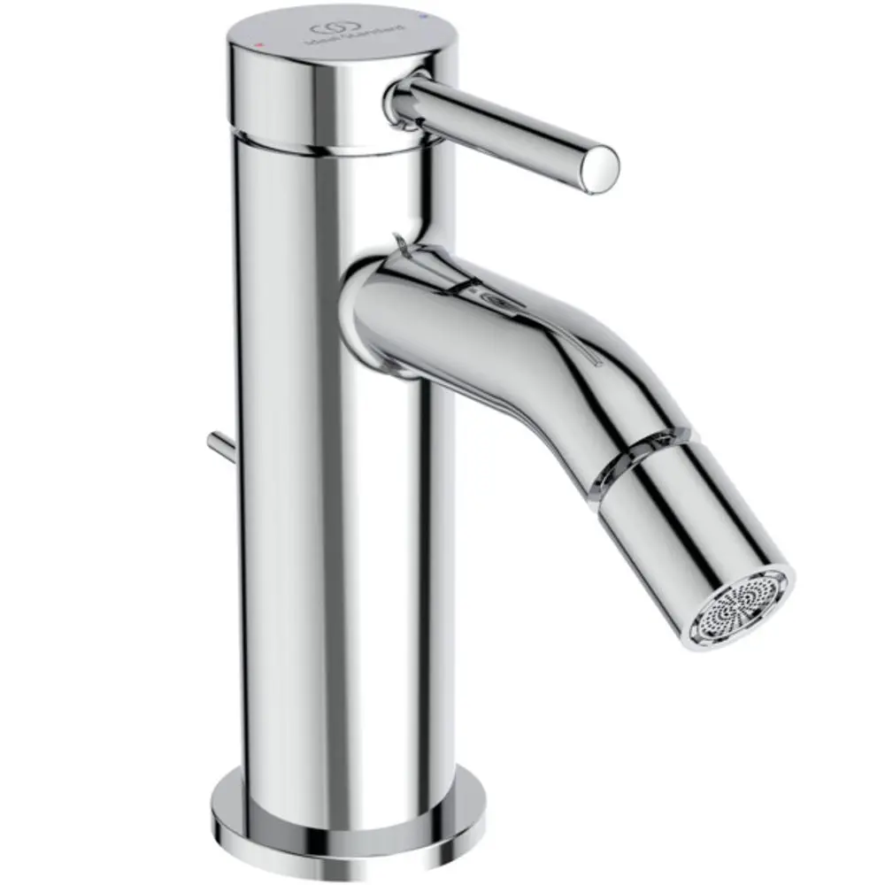 Bidetarmatur von Ideal Standard aus Chrom mit einem abgerundeten Auslauf und einem seitlichen Hebel zur Wassersteuerung, auf einem runden Sockel montiert.
